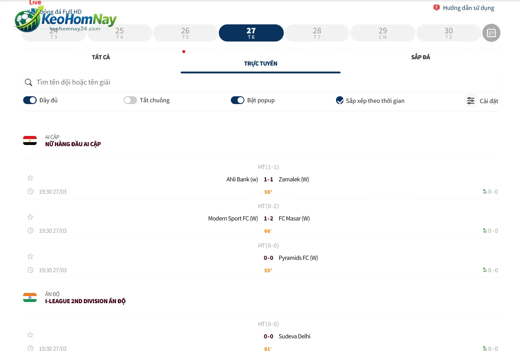 Giao diện lịch thi đấu bóng đá hôm nay trên KeoHomNay