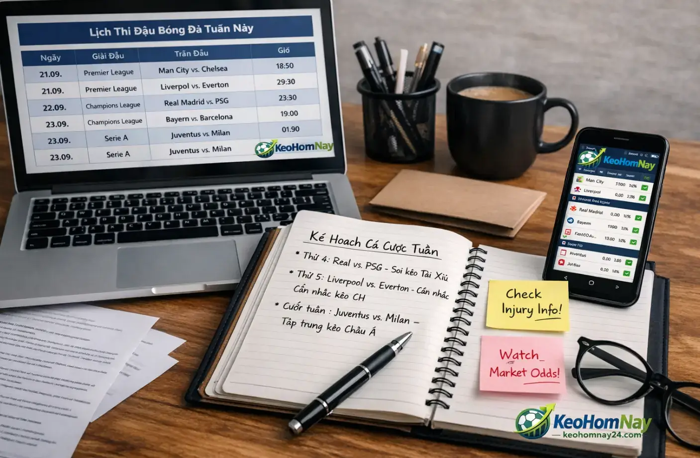 Lịch thi đấu bóng đá trong tuần được ghi chú để lên kế hoạch theo dõi và phân tích kèo.